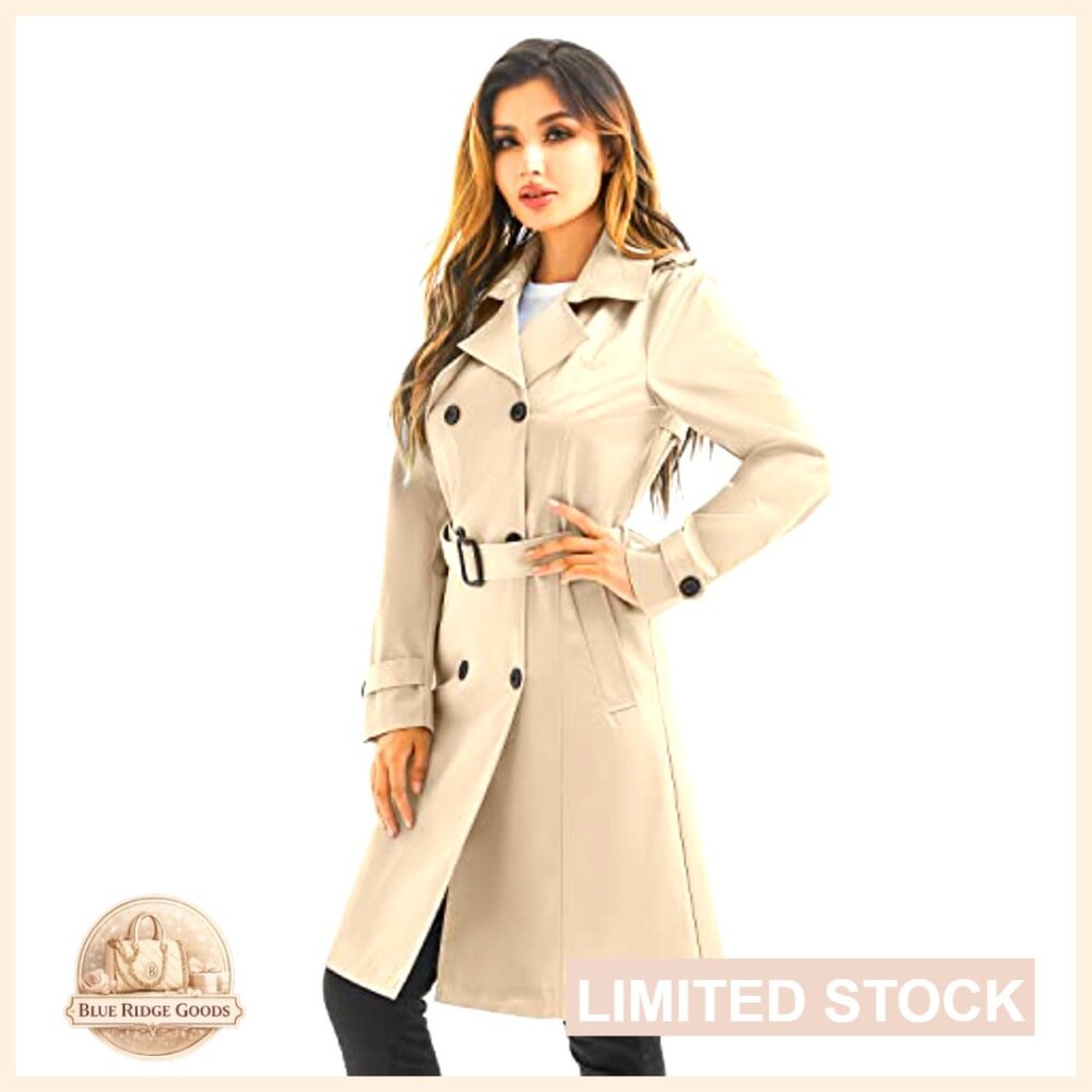 Classic Long Trench Coat Waterproof Windbreaker Double Breasted Belted - Picture 6 of 6